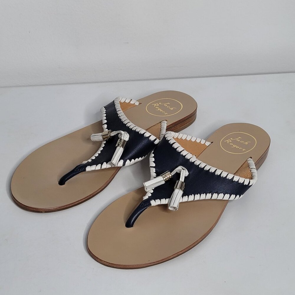 Jack‎ Rogers Womens Alana Thong Sandals US 8.5 M Navy White Tassels Flip Flops